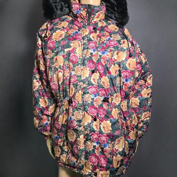 Vintage 80s Floral Puffer Ski Jacket Coat Black Faux Fur Trim Oversized size L - Picture 2 of 16